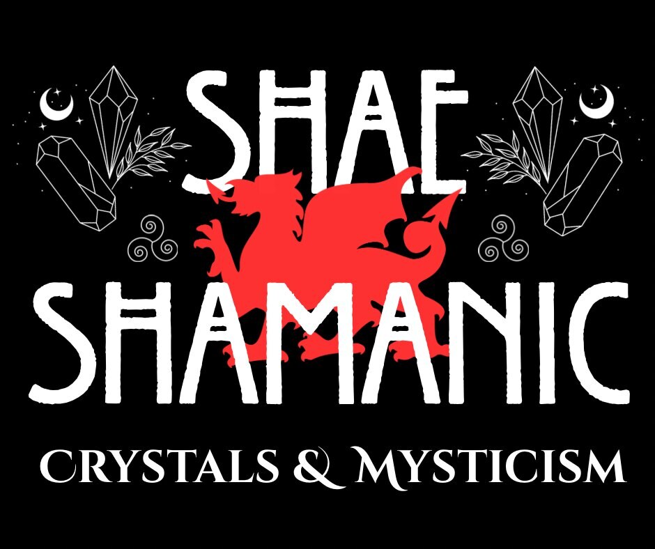 Shae Shamanics logo — Crystals & Mysticism with a red dragon emblem